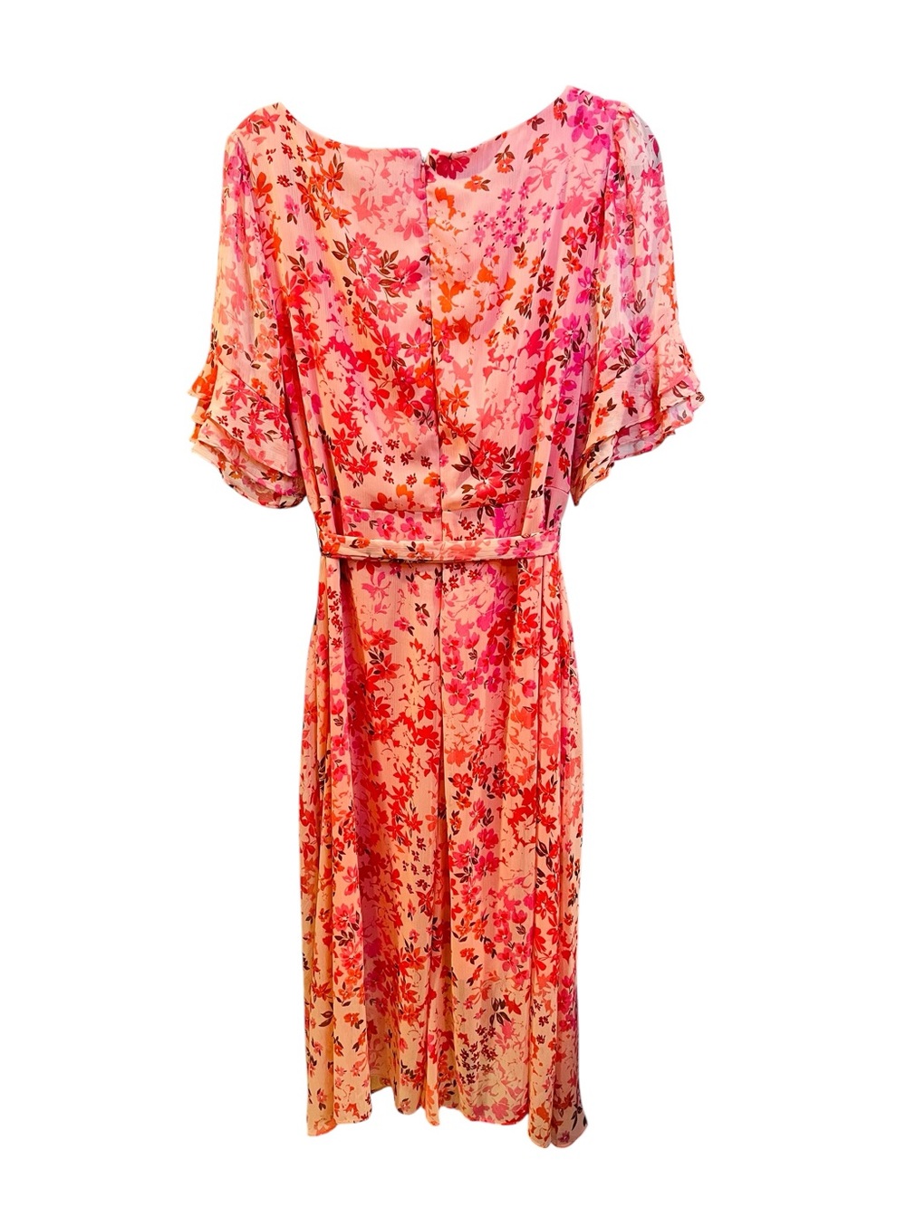 DKNY Pink and Coral Floral Wrap Midi Dress Sz 16 - Picture 2 of 8